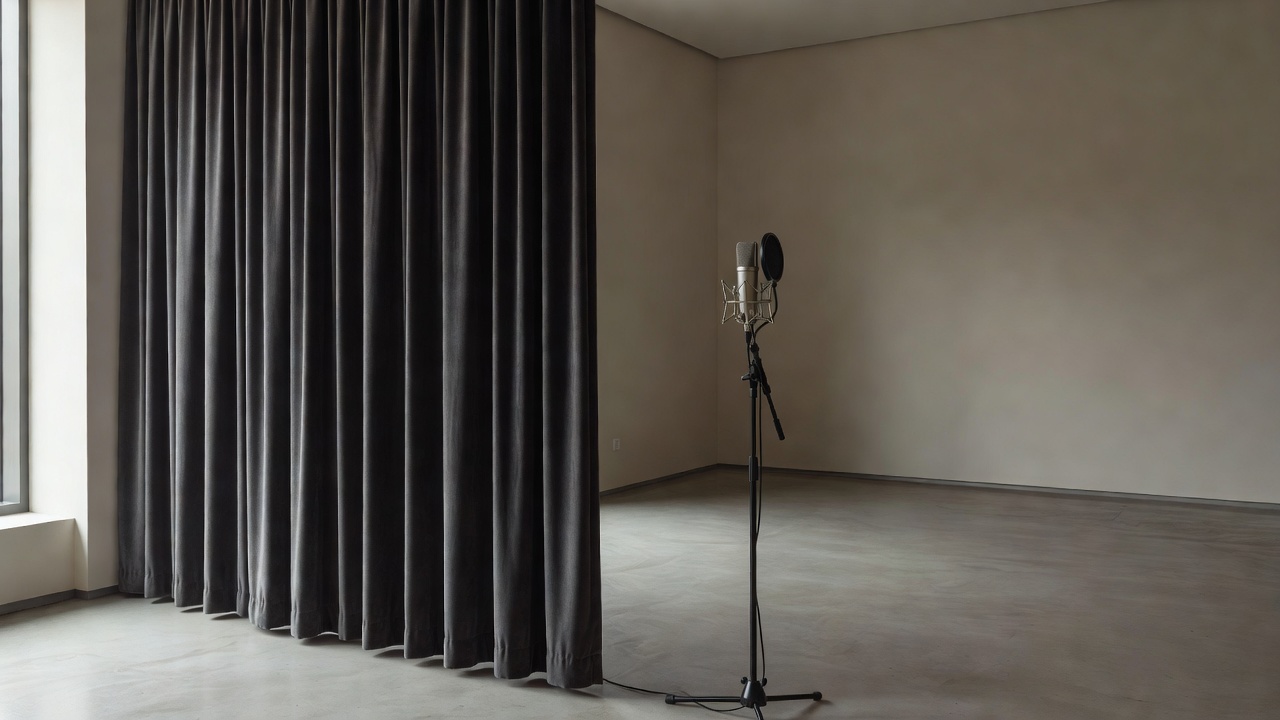 Heavy clean curtains beside a microphone in an open room, with fabric kept clear of electrical equipment