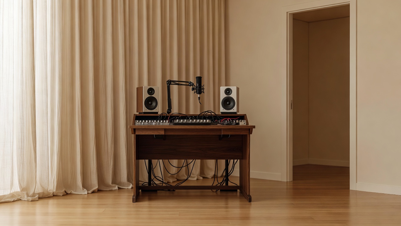 An open home recording desk beside a soft curtain, with clear floor space and an unobstructed doorway