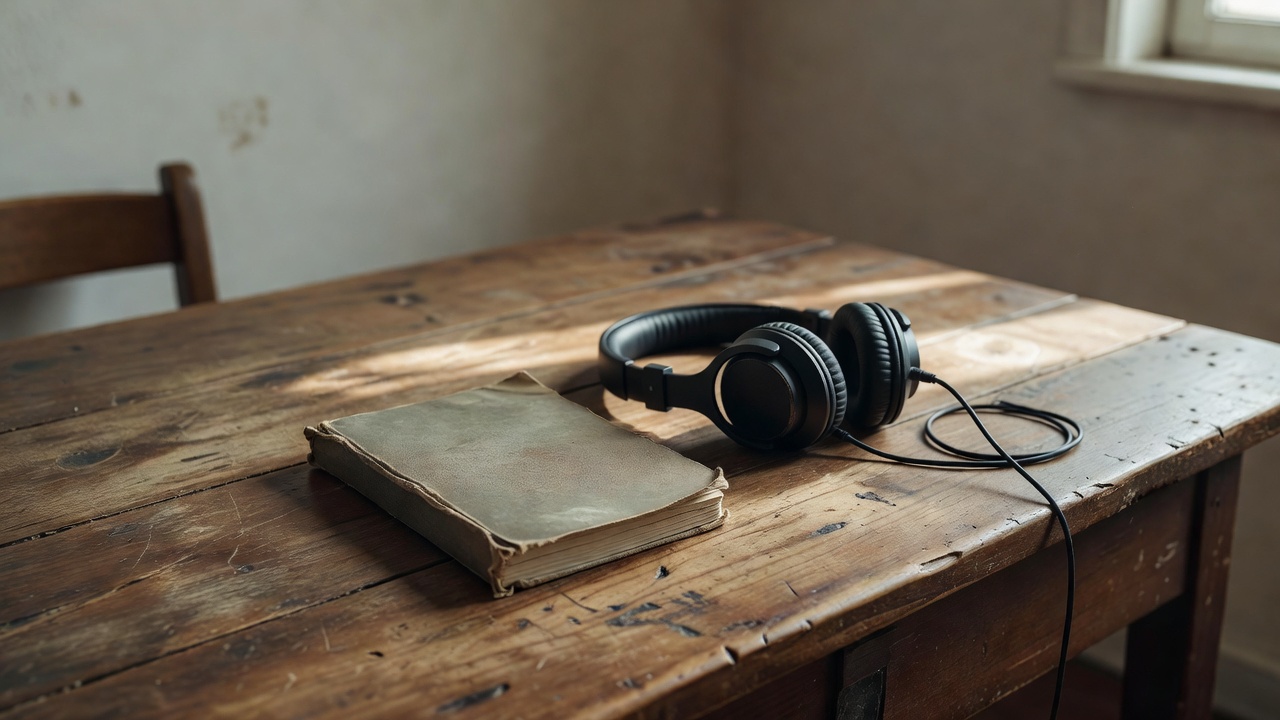 A listening notebook and headphones on a reused wooden desk in an ordinary room with soft window light