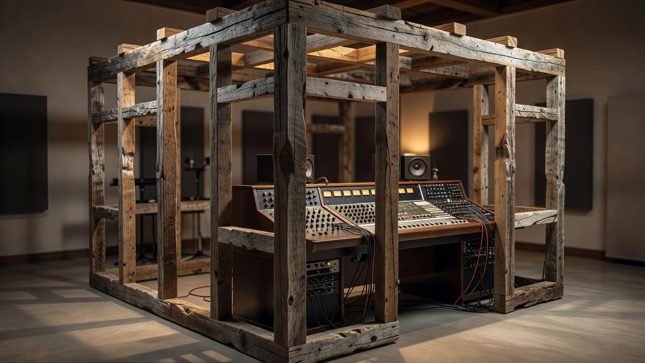 An open-sided reclaimed-timber treatment frame beside a recording desk, with no roof and an unobstructed walkway